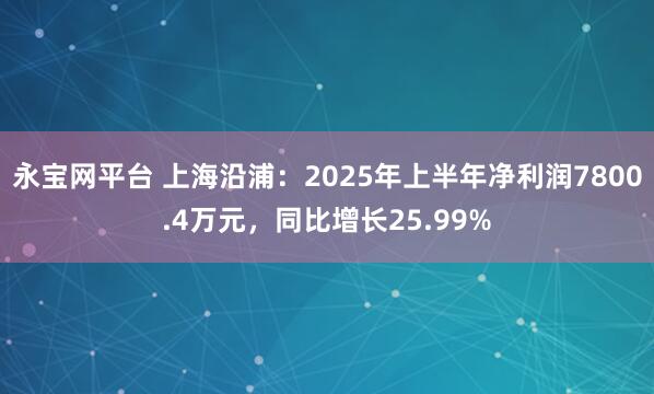永宝网平台 上海沿浦：2025年上半年净利润7800.4万元，同比增长25.99%